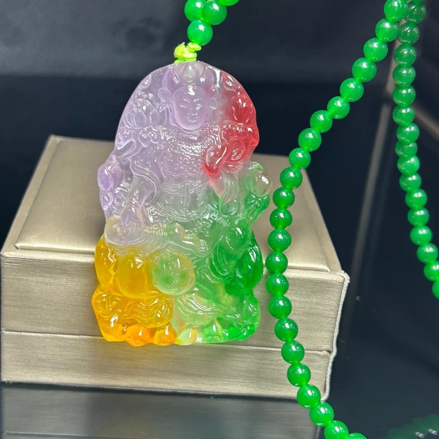 Real Natural High Ice Multicolor Burme Jade Jadeite Bodhisattva Pendant&Necklace