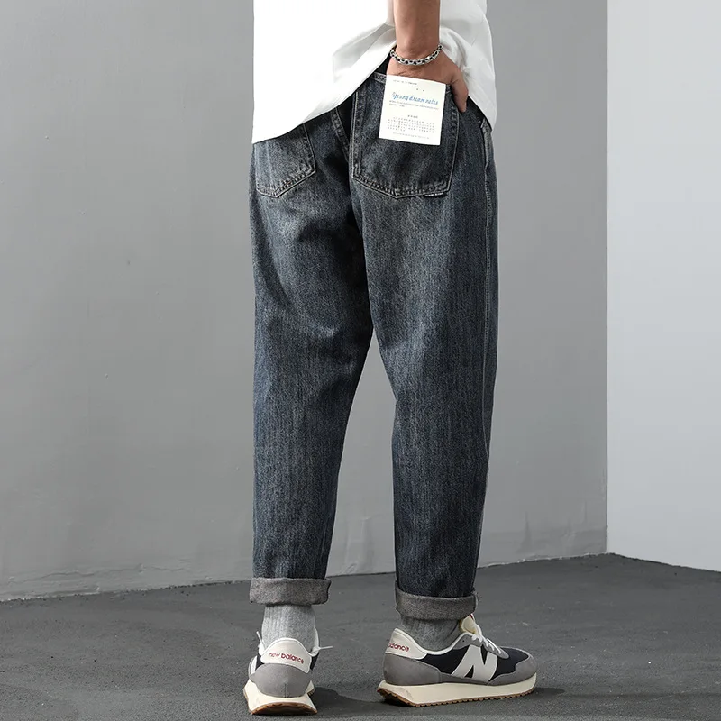 High quality long baggy jeans for men plus size stone wash cotton denim vintage casual trousers new 2024 clothing - blue