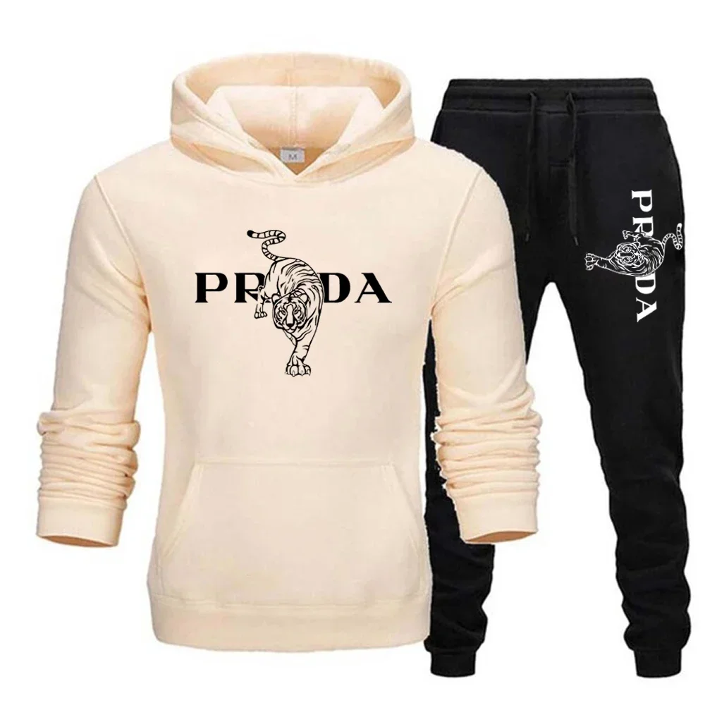 Men's and women's two-piece sportswear, hooded sweatshirt and lace up pants, running, autumn and winter sportswear