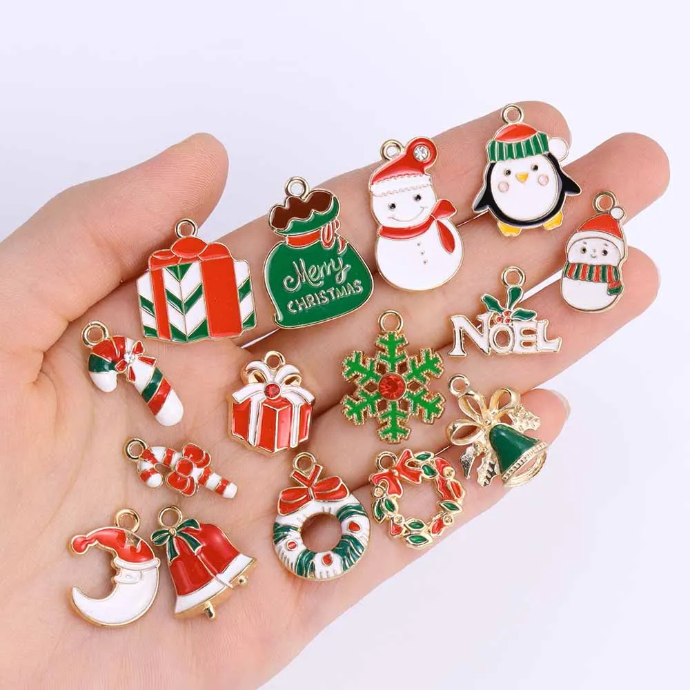 10 Stück Metall legierung Emaille Schneemann Glocke Geschenk box Charms Anhänger für Ohrringe Halskette DIY machen Weihnachts schmuck Set Dekoration