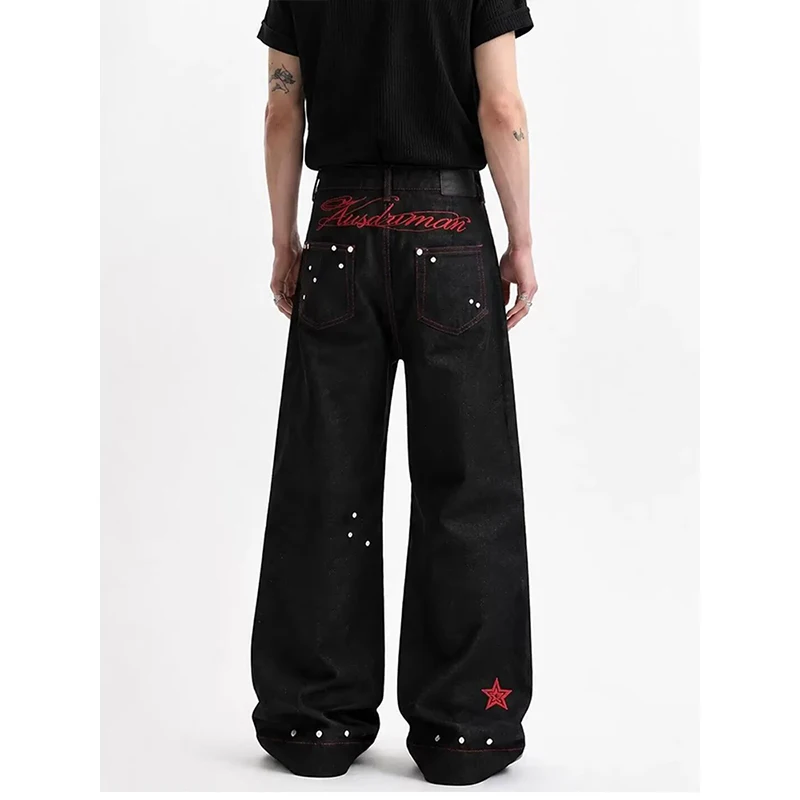 2026 Autumn Winter  Man's Jeans Y2K Clothing Fashion Sequin Five Pointed Star Rivet Retro Jeans Mid Rise Wide Leg Trousers