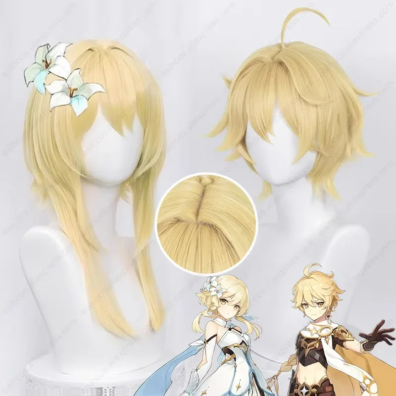 

Game Genshin Traveller Impact Aether Lumine Cosplay Wig Yellow Lumine Wig Cosplay Wigs Heat Resistant Synthetic Wigs Hair Cap