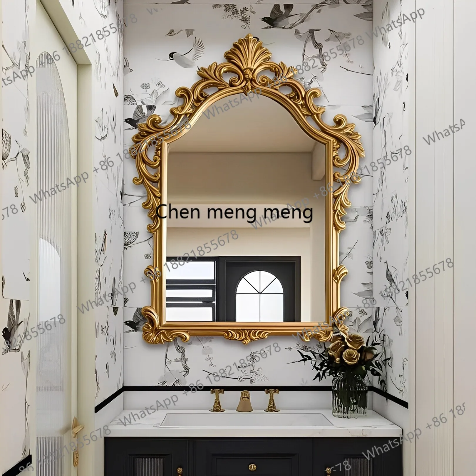 French-style vintage bathroom mirror with smart lighting,decorative mirror for makeup,bathroom wall,with carved fireplace design