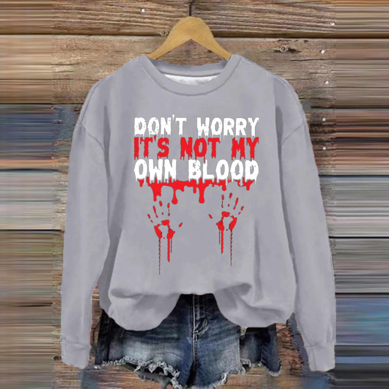 Women'S Halloween Feature Hoodie Bloody Pattern Letter Printed Top Autumn And Winter Round Neck Long Sleeve Warm Hoodie