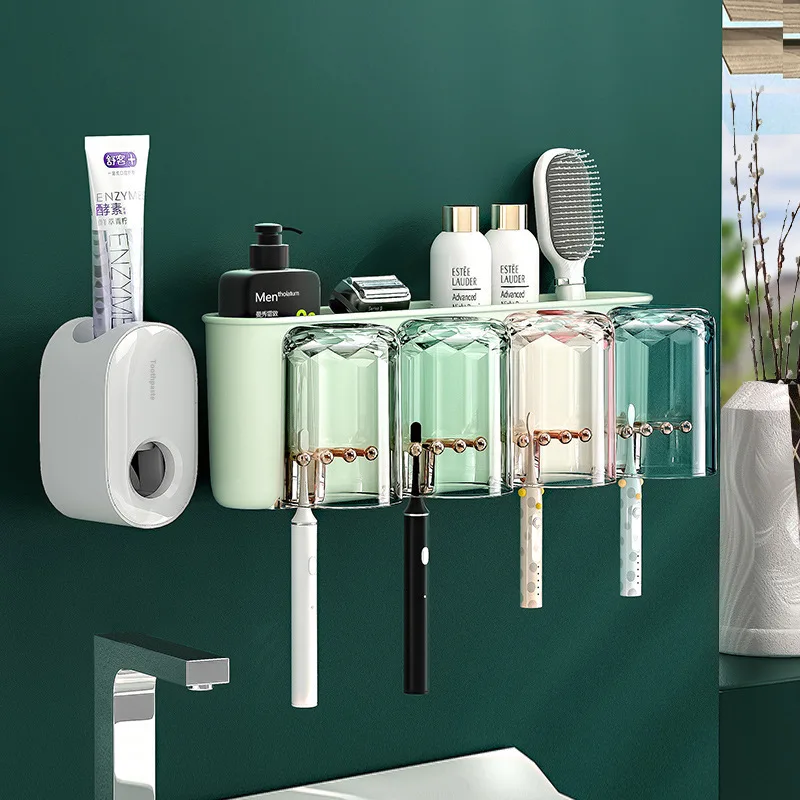 Toothbrush Holder Set Punch-Free Wall-Mounted Household  Mouthwash Cup Storage Rack Bathroom Accessories Toothpaste Dispenser