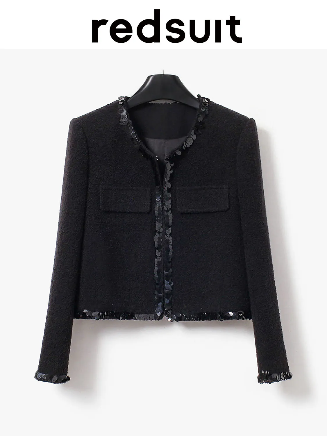 New Pure black looped woolen sequin trimmed short jacket, high-end versatile top   Custom size