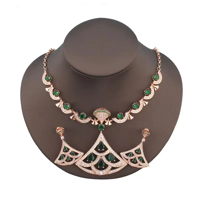 Fashion cross-border jewelry women's inlaid green cubic zircon fan earrings earrings necklace small luxury jewelry set