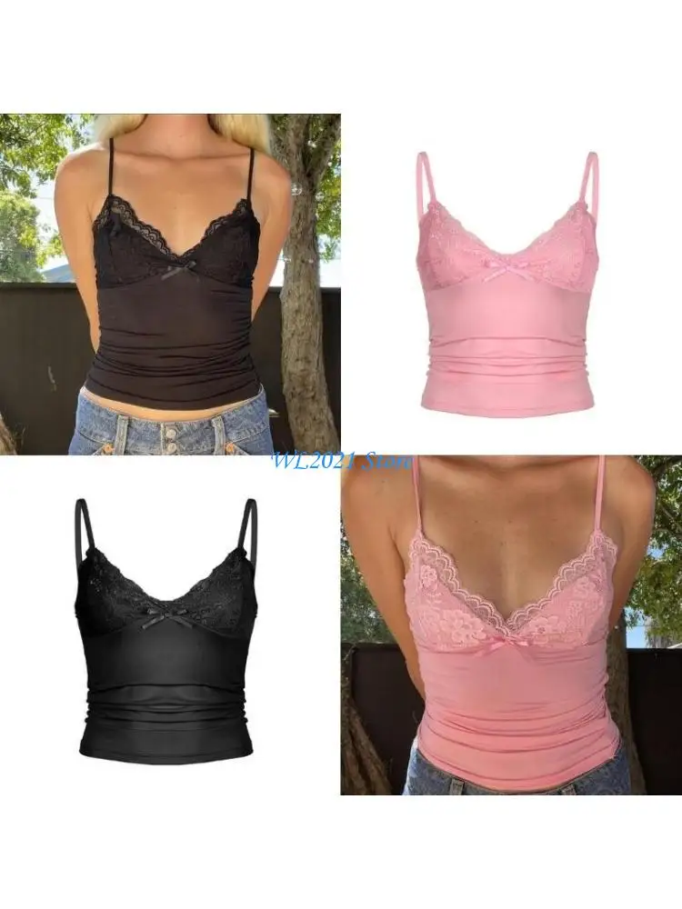 

G5GC Women's Lace Patchwork Fit Crop Tanks Top with V Neck Designs Spaghetti Straps Bows Going Out Camisole Undershirt