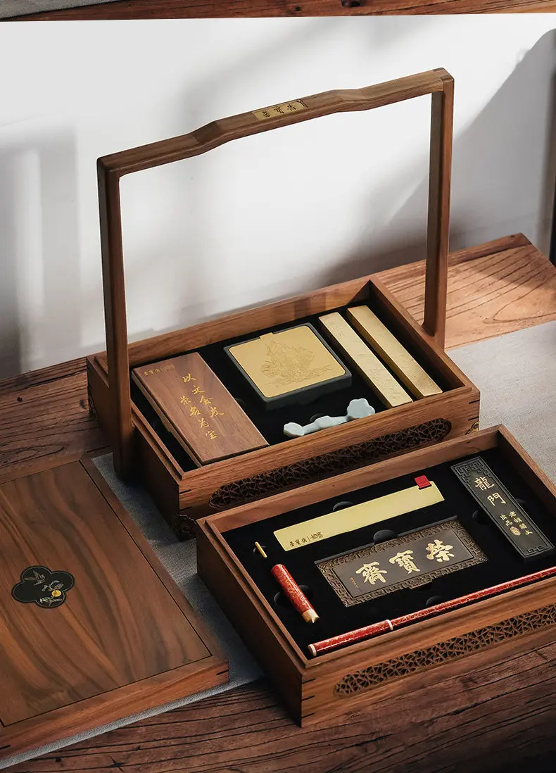 Factory Direct 2026 Study four treasures set, inkstone ruler, brush, everything goes well, carry box, study gift box, pen, ink,
