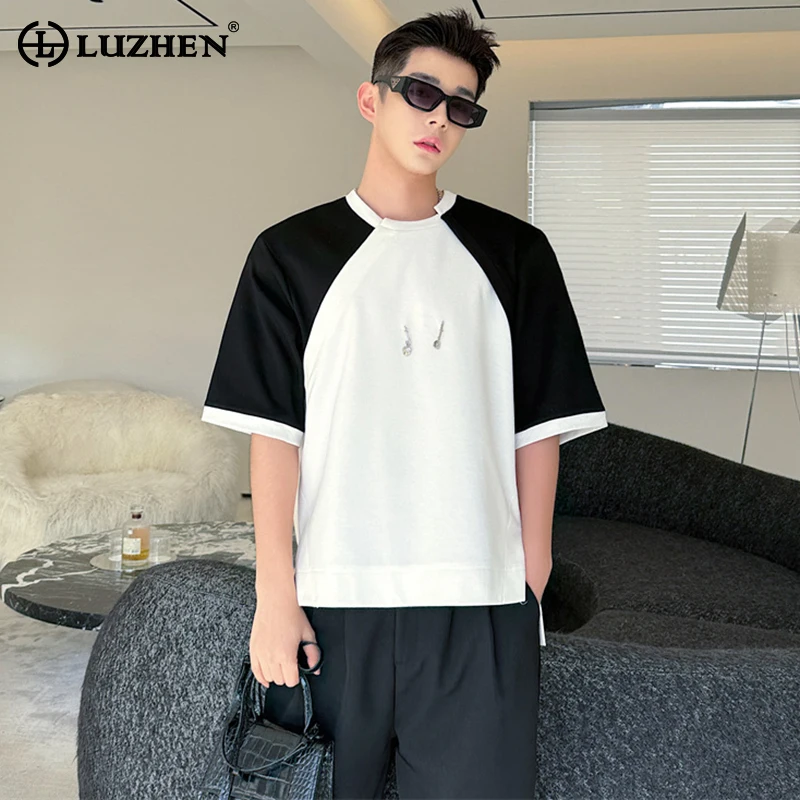 

LUZHEN Metal Decorate Color Contrast Design Stylish Short Sleeved T Shirts Summer Original New Men's Fashion Street Tops LZ3992