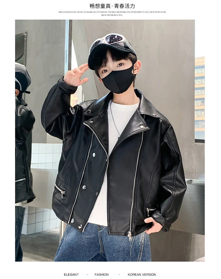Elegante Kinder-Lederjacke für Teenager-Jungen im koreanischen Stil, schmal geschnittener PU-Ledermantel mit Reißverschluss, modische Frühlingskleidung für Kinder. – Detail 4