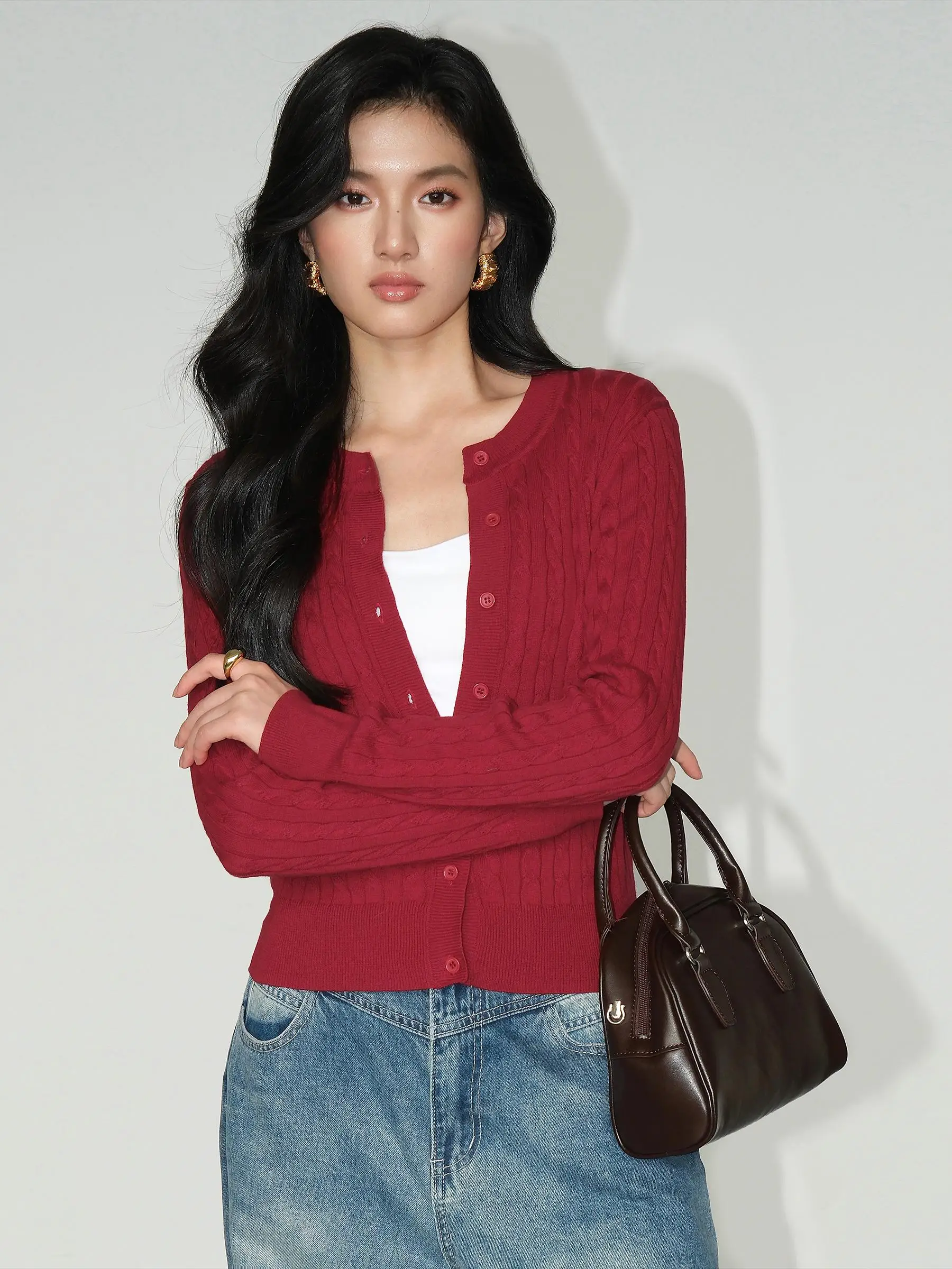 

NEVA HU Vintage round Ne Twisted Sweater Cardigan Women's Spring Autumn New Sle Versatile Knitted Top Cotton Nylon