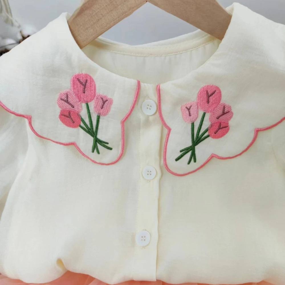 Bear Leader Summer Sweet and Cute Girl\'s Clothing Embroidered Flower Doll Collar Short Sleeve Top+Mesh Puff Skirt Two Piece Set