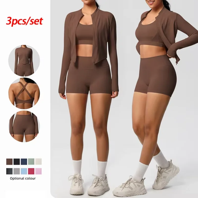 3PCS Yoga Set Nude Feeling Workout Sets Women Tracksuit Gym Push Up Fitness Running Workout Sportwear Sport Bra Leggings Suit