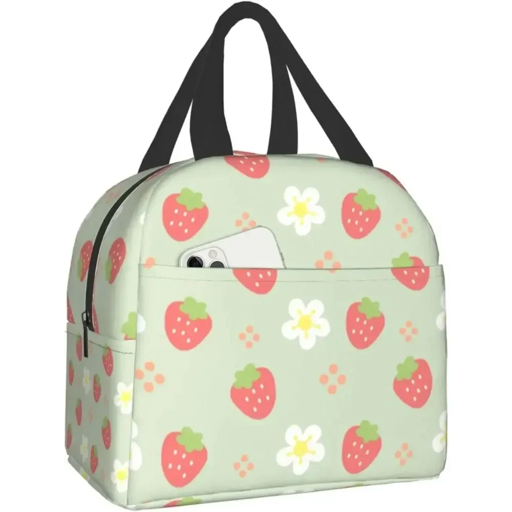 

Green and Flowers Lunch Bag Small Insulated Box with Front Pocket Aesthetic Lunch Bags for Girls Boys Freezable