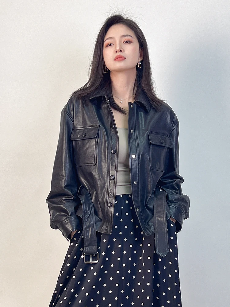 Casual Black Genuine Leather Jackets for Women Spring Autumn 2025 New High-end Simple Slim Belted Short Real Sheepskin Coat