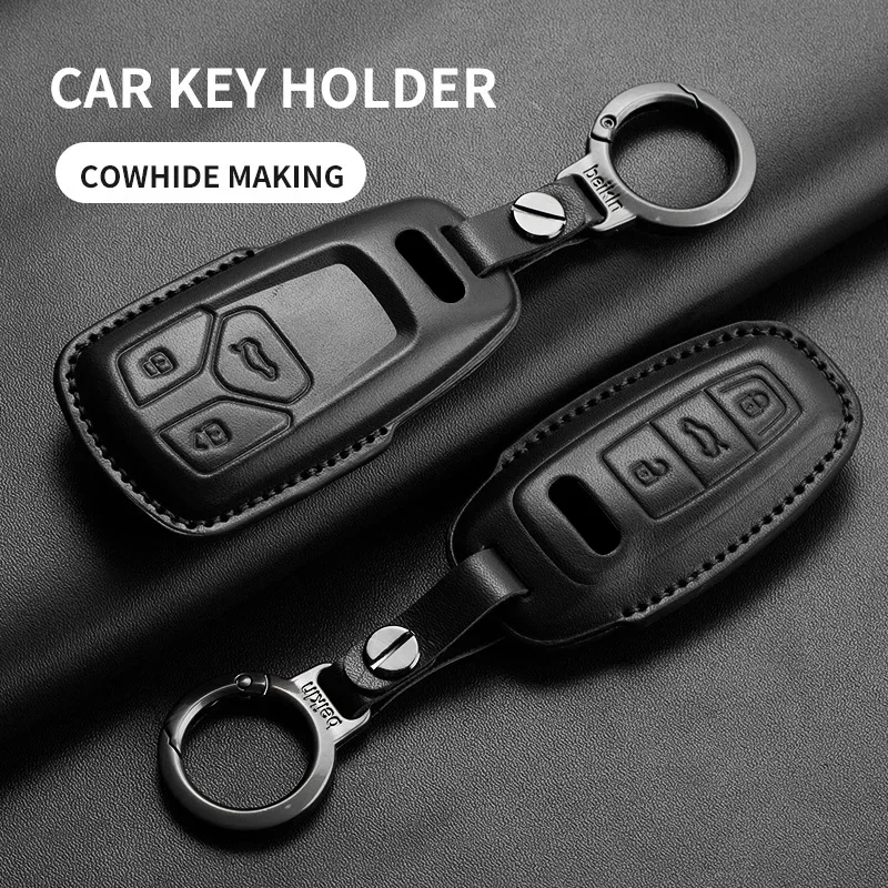 Leather Car Key Case Cover For Audi A4L A5 Q7 TT TTS A3 A4 B9 A6 A7 4K A8 E-tron Q5 Q8 C8 D5 SQ8 Car Keychain Accessories 2