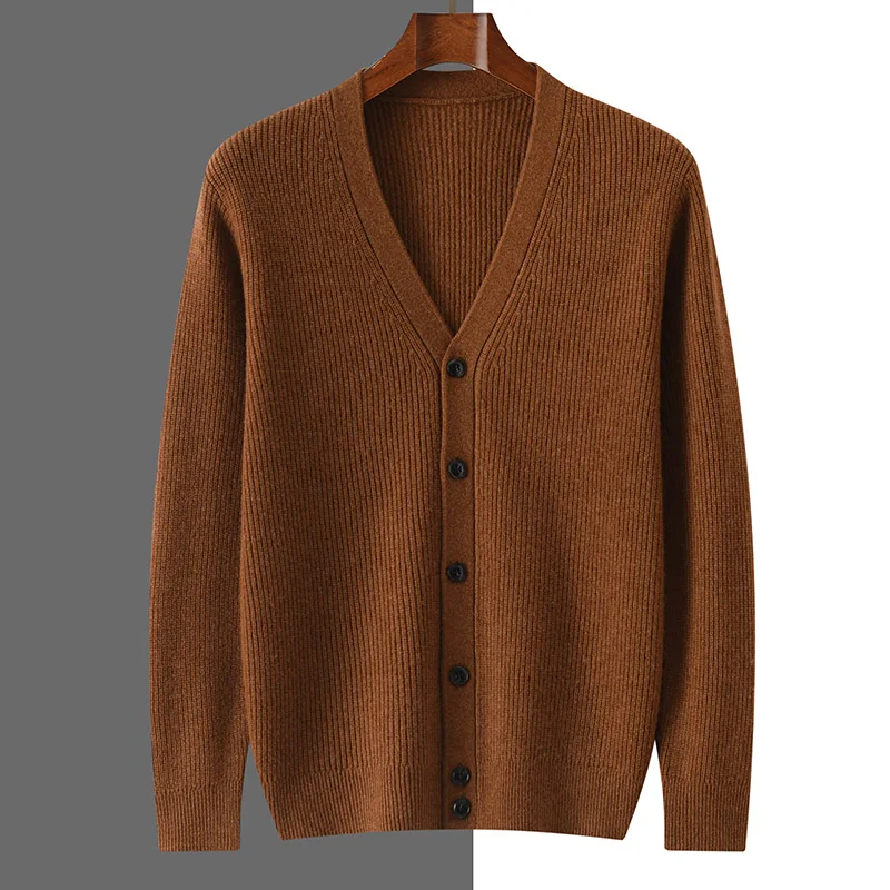 2024 autumn and winter new men's V-neck cardigan 100% pure wool thick solid color gold ingot needle loose casual knitted jacket