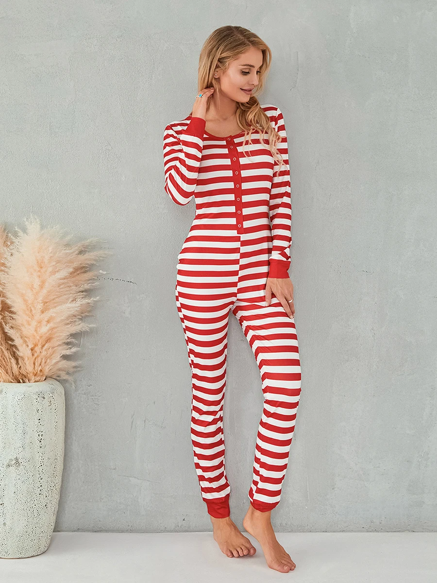 Woman s Christmas Stripe Pajamas Sexy Round Neck Long Sleeve Slim Elastic Jumpsuit Daily Life and Holiday