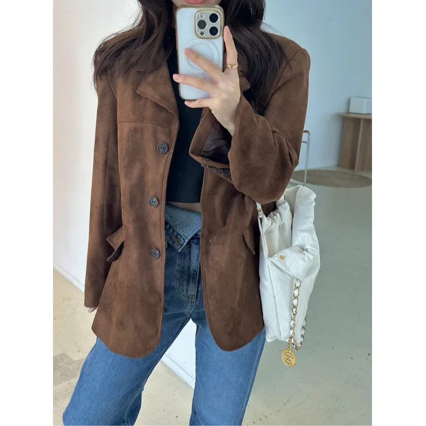 Autumn Sle Single-Button Leather Velvet Jaet Women's Hong Kong Retro Chic Loose Versatile High-End Trendy Top