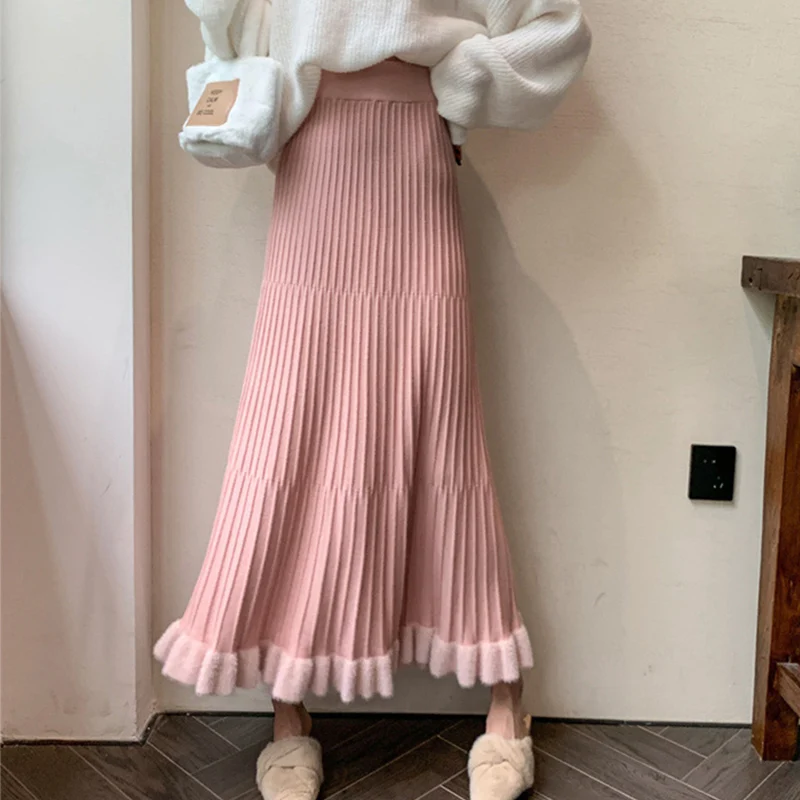 Elegant Folds Knitted Skirts Women Korean High Waist A-Line Skirt Woman Autumn Winter Soft Furry Edge Long Skirts Female