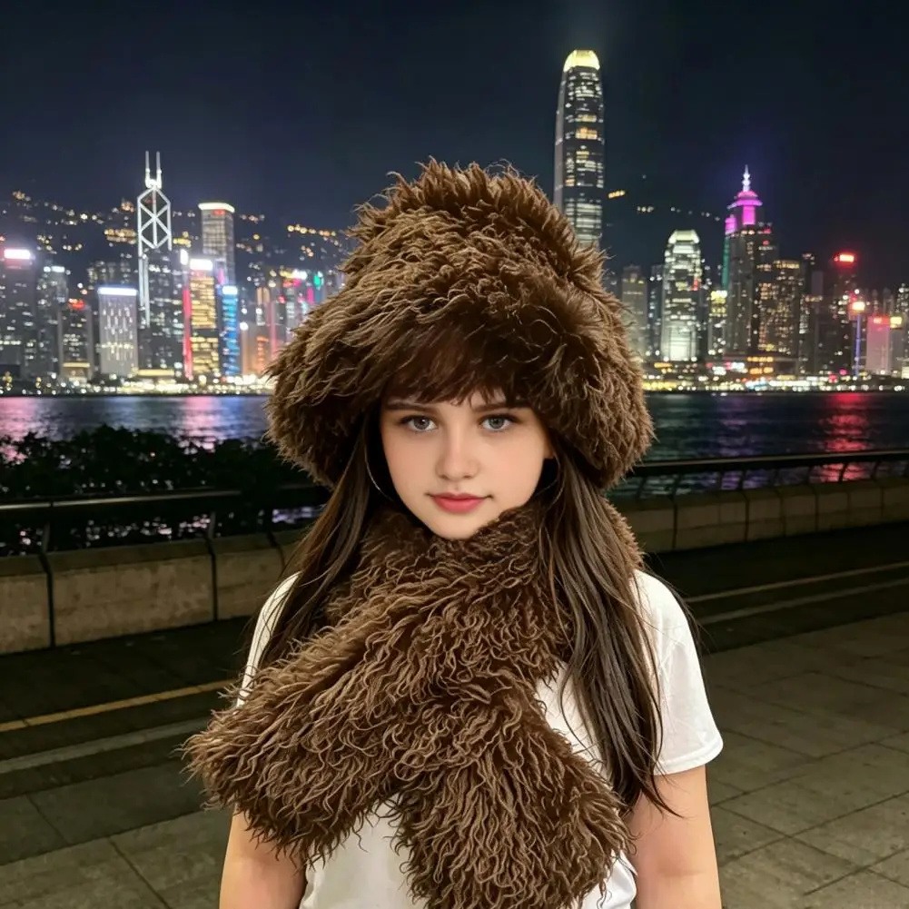 Warm Scarf Set Women’s Curly Plush Bucket Hat Fuzzy Winter Scarf Set Soft Fluffy Warm Headwear for Weather Girls Women Winter
