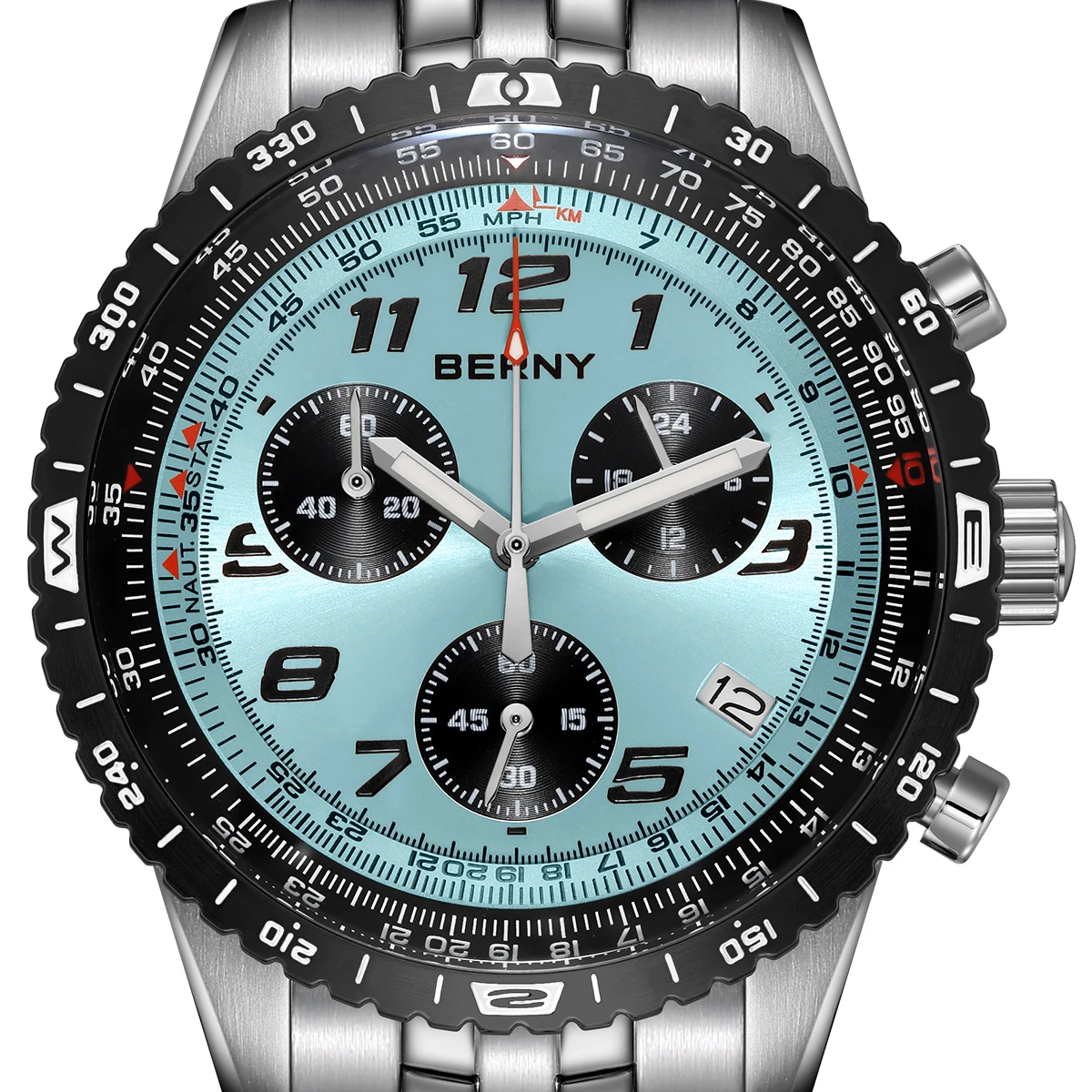 BERNY Men's Pilot Watch Luminous Quartz multi-function dial Quartz Precision scale aviation watch Sapphire Stainless steel Watch