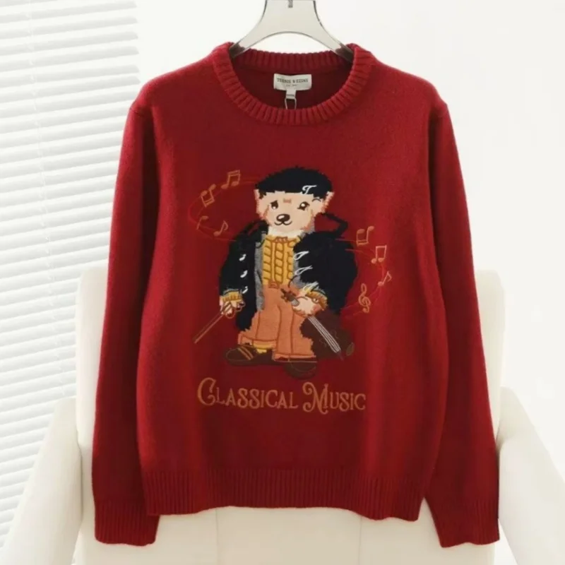 New Christmas Red Jumper Classic Retro Bear Jacquard Sweater College Women Sweet Korean Style Winter Clothes Sueter Mujer Casual