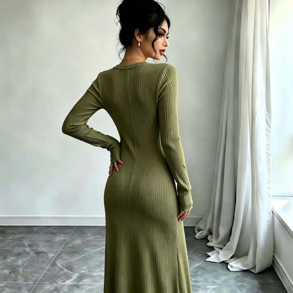 Winter Autumn Women Long Dress V Neck Slim Fit Knitted Sweater Dresses Elegant High Waist Long Sleeve Bodycon Elastic Pullover