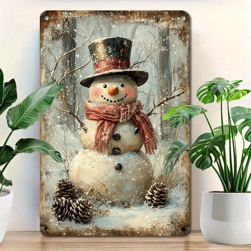 , Rustic Snowman Tin Sign, /20*30cm, Vintage Tin Metal Wall Plaque, Reusable Artwork for Room, Bar, Cafe, Garage Decor