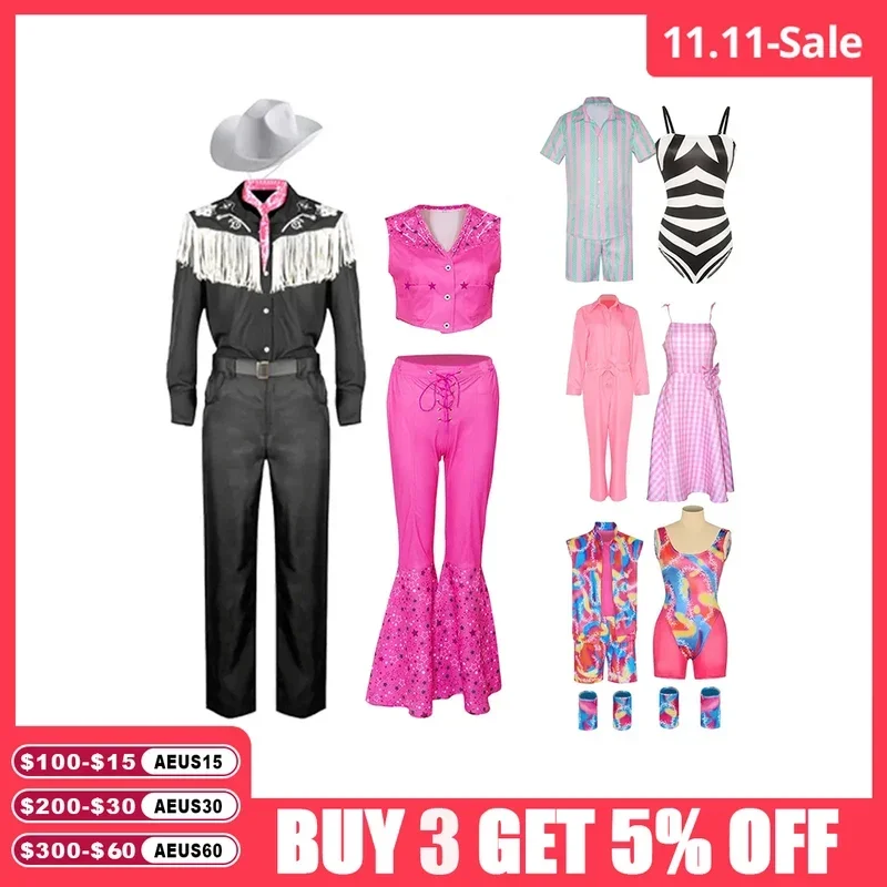 2024ภาพยนตร์ตุ๊กตาบาร์บี้เครื่องแต่งกายCowgirlชุด70S 80S Hippie Disco KenสีชมพูFlareกางเกงฮาโลวีนคอสเพลย์สําหรับผู้หญิงชายหญิงm13