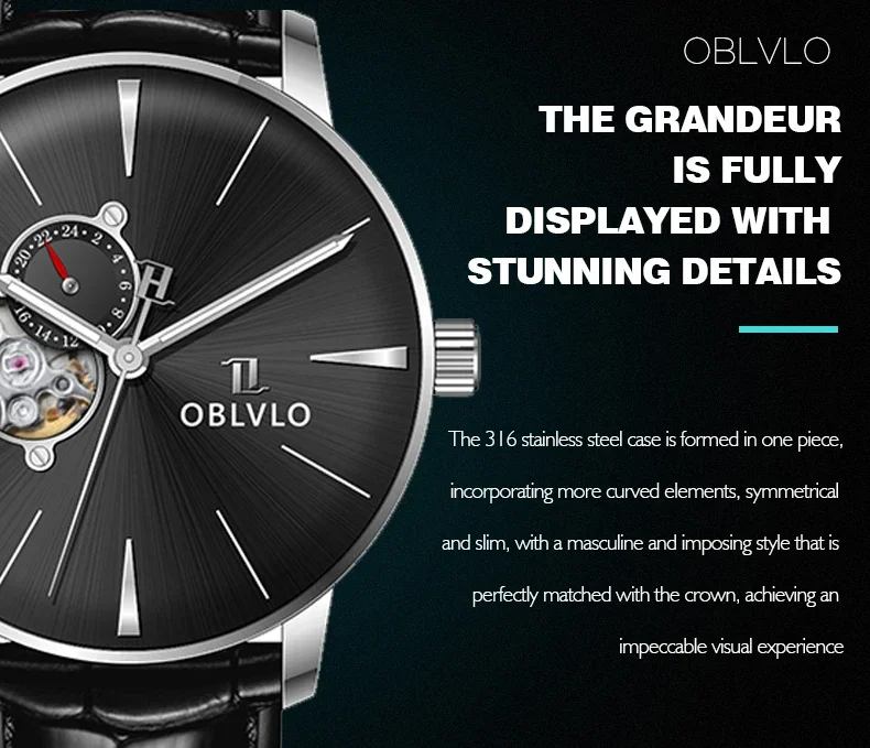 Reloj Automático OBLVLO para hombre, reloj de pulsera mecánico de 40MM, luminoso, resistente al agua hasta 5ATM, esfera con mecanismo al descubierto con espejo de zafiro y burbuja