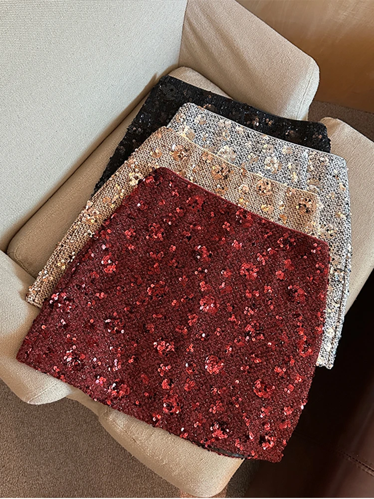 Red Sequin Skirt Woman High Waist Mini Skirt Woman Fashion Vintage Shiny Glitter Elegant Short Skirts For Women 2025 Y2k Skirts