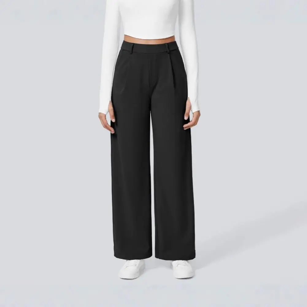 Women Pants High Waist Wide Leg Business Casual Trousers Pure Color Suit Pants Side Pockets Wrinkle Resistant Work Weekend Wear