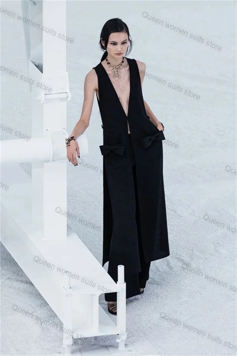 

Black Wedding Women Suit Pants Set 2 Piece Blazer Sexy V Neck Bow Jacket Coat+Trousers Cotton Guest Prom Dress Custom Made