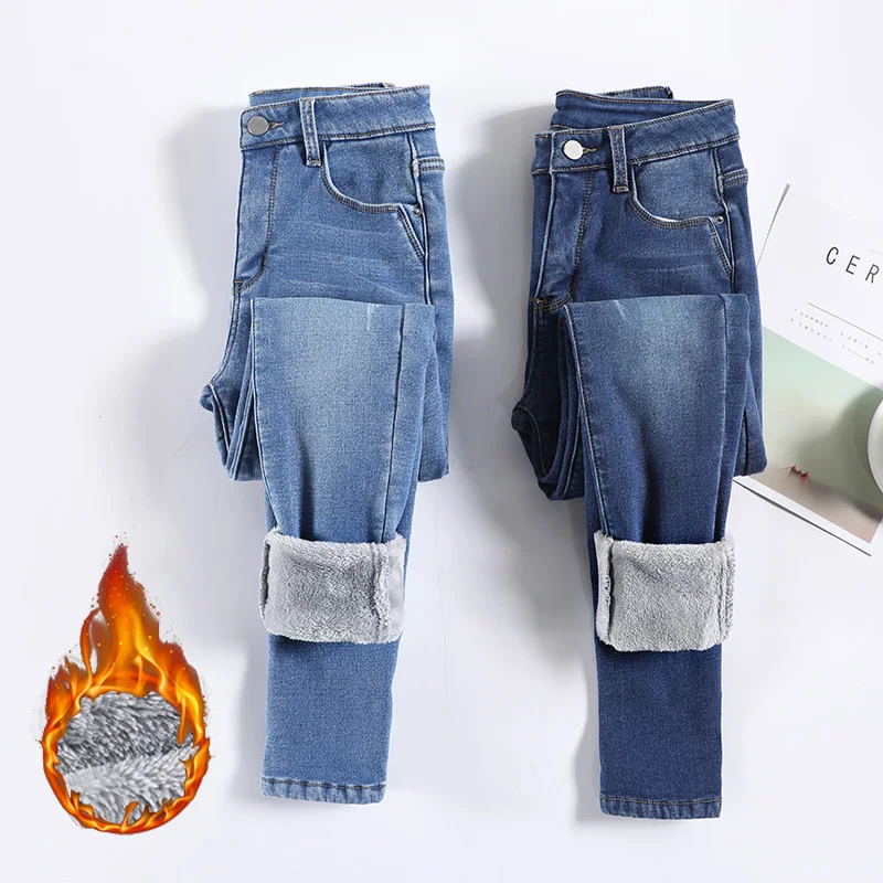 Winter High Waist Thermal Girls Daily Jeans Lady Snow Warm Plush Thin Denim Pants Women Korean Casual Fleece Trousers