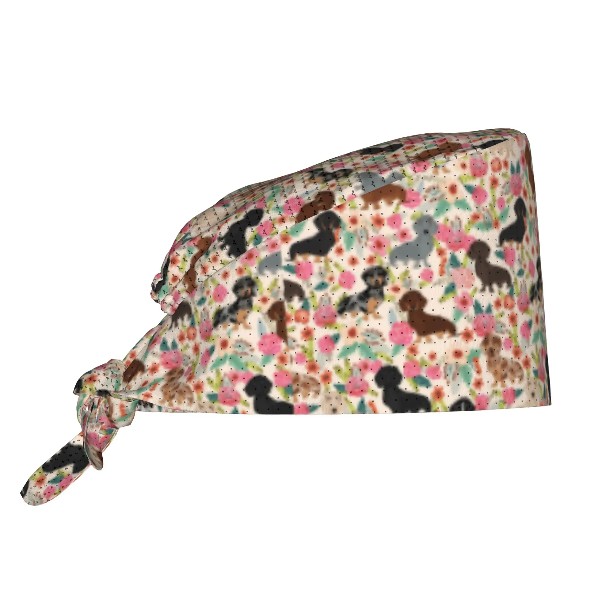 Dachshund floral dog breed pet patterns Cleaning Working Cap Badger Doxie Scrub Cap Surgicals Hat Nurse Scrubs Hat Nurse