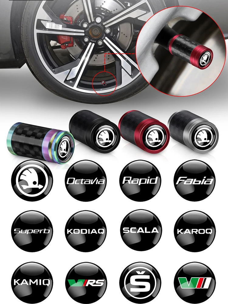 4pcs Carbon Fiber Car Styling Wheel Tire Valve Caps Stem Case Auto Exterior Decoration For Skoda Octavia Vision-E Kamiq Fabia S