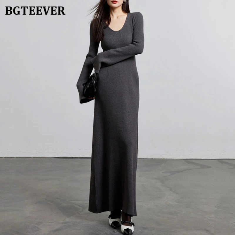 BGTEEVER Fashion V-neck Female Bodycon Sweaters Dress Autumn Winter Long Sleeve Slim Waist Women Knitted Dress