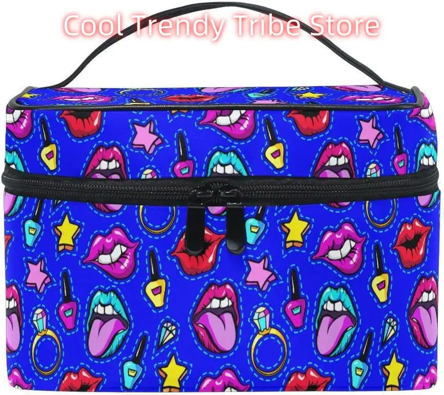 

Blue Makeup Bag, Fashion Patch Badges Lips Makeup Organizer Bags Toiletry Bag Box Travel Cosmetic Bag Make Up Train Case for Wom