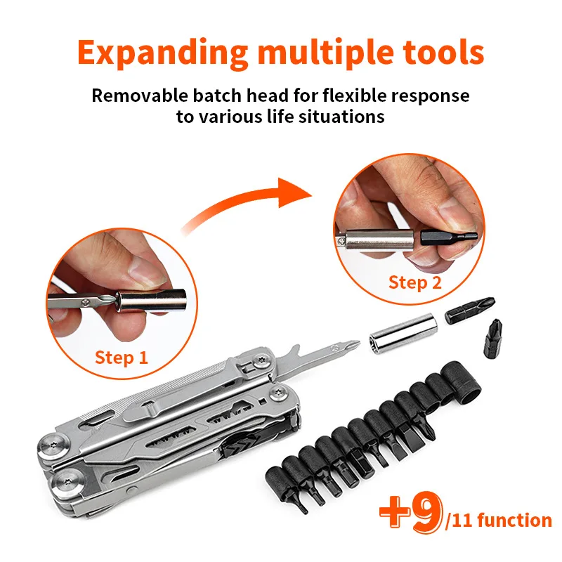 Folding multi-purpose pliers suitable for outdoor use; portable tool for camping, mountaineering, and hiking.