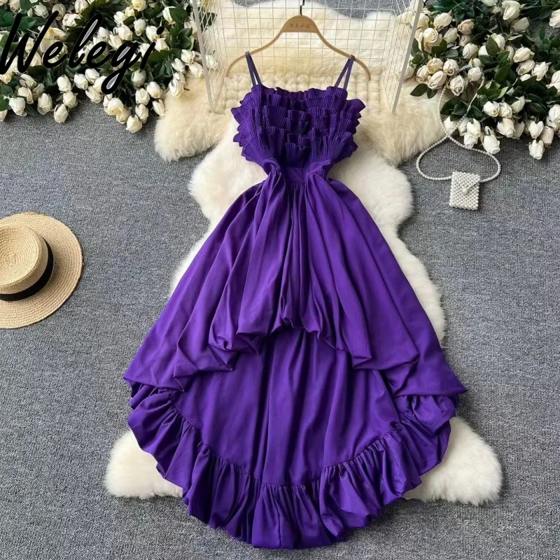 Luxury Purple Sling Small Dress Summer Women 2025 New High Waist Temperament Pleated Lace Irregular Tube Top Suspender Dresses