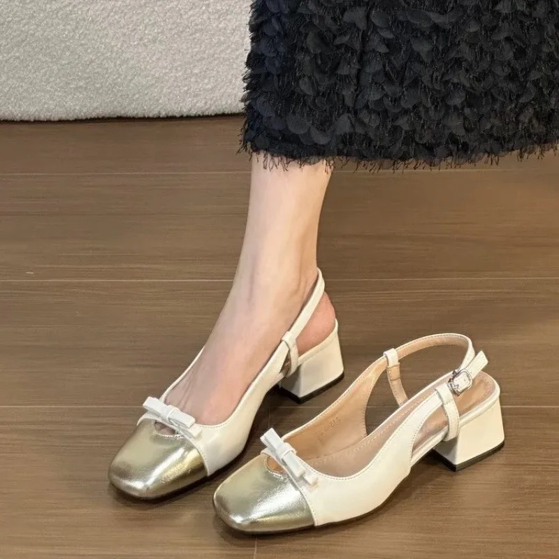 Women's Sandals Coarse Following color blocking high-heeled single shoes Summer Square Head Butterfly knot Back Strap Women Shoe