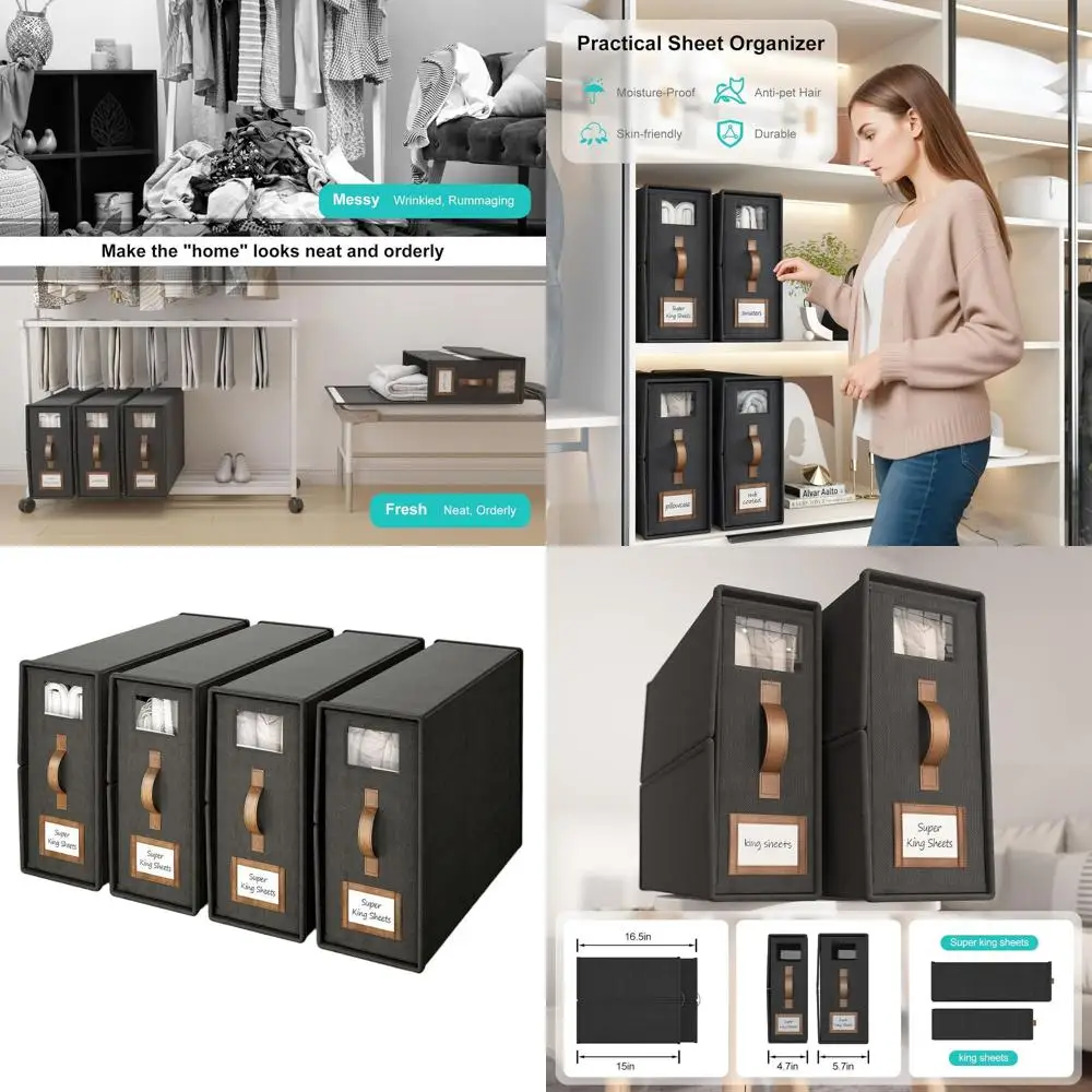 

Органайзер для постельного белья Super King Size с окном, складной, из льняной ткани, для хранения постельных принадлежностей и простыней - черный