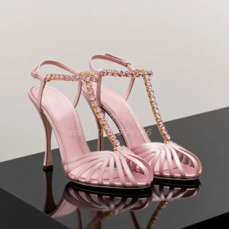 

Pink Pointed Toe T-Strap Metal Chain Sandals Lady Narrow Strap Satin Open Toe Pumps Shell Hollow Mesh Design Woman Sexy Party Sh