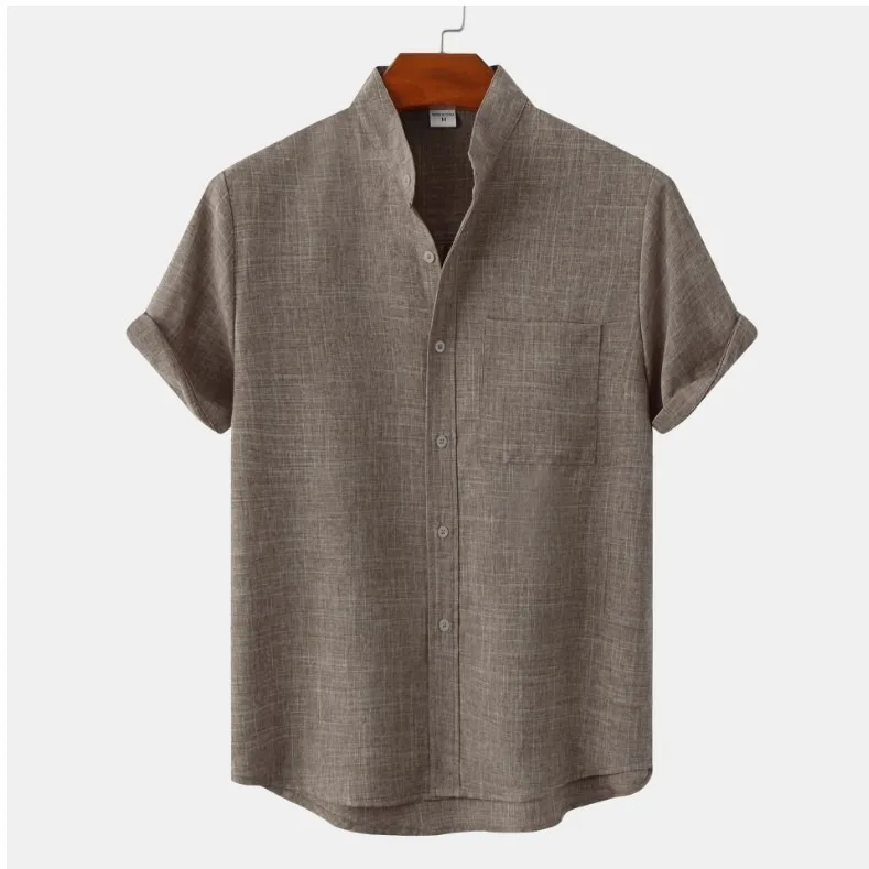 Cotton Linen Style Short Sleeve Pure Color Men's Shirt Wish Best Selling Summer 2023 Slim Fit Youth Fleece Lined Thickened Shirt