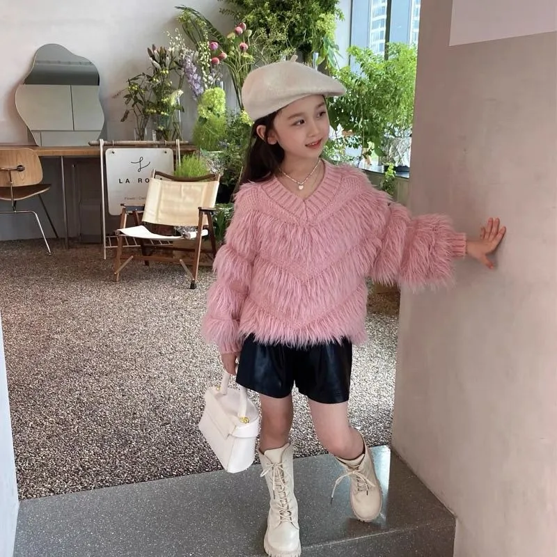 Girls Sweater Pullover V-neck Solid Color 2024 New Autumn and Winter Children's Sweater Top image 4