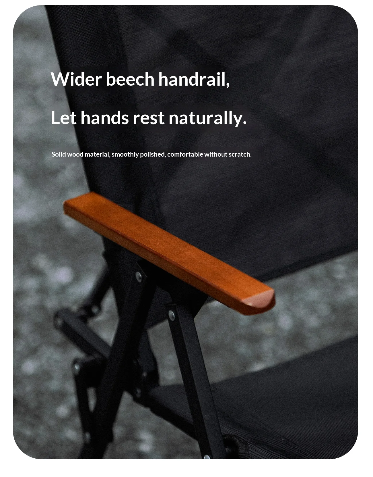 Mountainhiker Atmungsaktiver Campingstuhl mit Holzarmlehne, Tragbarer Klappbarer Outdoor-Stuhl für Strand, Angeln, Picknick, Schwarz, Sommer – Detail 7