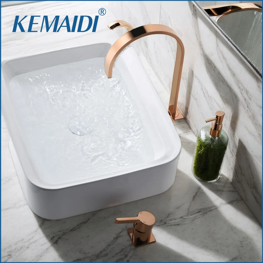 

KEMAIDI Rose Gold Bathroom Faucet Single Handle Hot and Cold Separate Waterfall Faucet for Vessel Sink & Bathtub Brass Mixer Tap