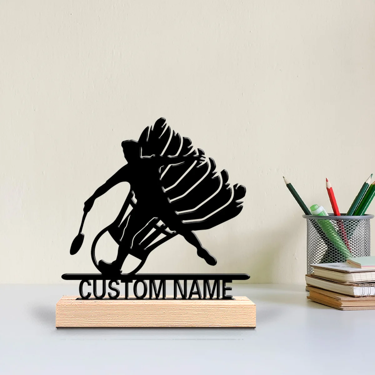 1pc Simple badminton Customizable Name Metal Statue Iron Ornament Art Crafts With Wood Base Tin Sculpture Home Table
